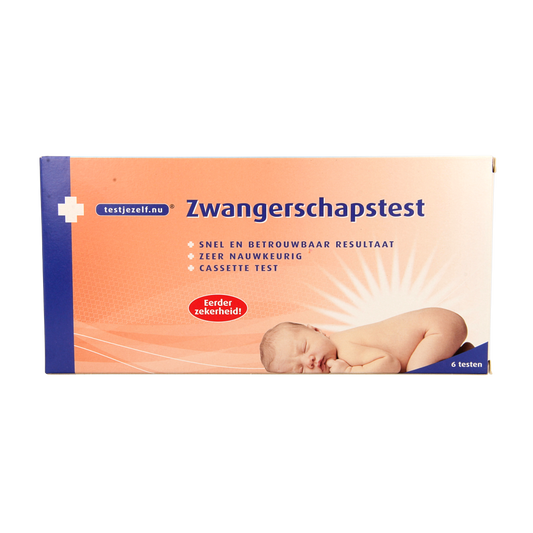 Testjezelf.nu zwangerschapstest cassette pack with 6 self-testing kits, clear digital display, and easy-to-use design.