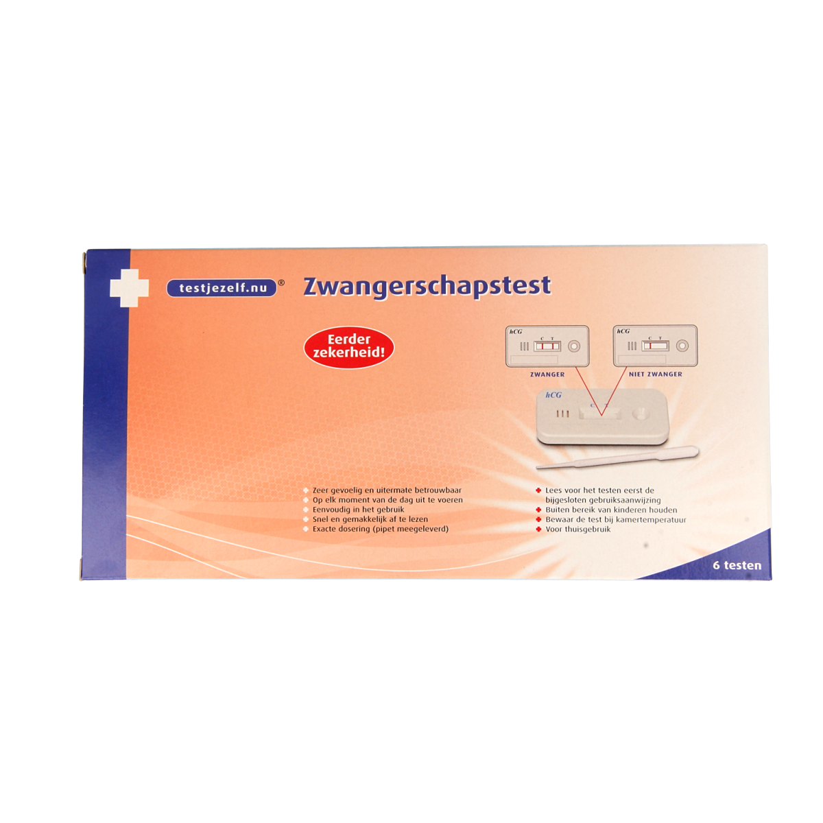 Testjezelf.nu zwangerschapstest cassette pack with 6 self-test kits, showing individual test cassettes for early pregnancy detection.