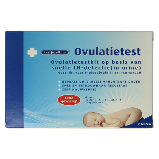 Testjezelf.nu ovulation test cassette pack with 7 self-testing kits for ovulation tracking, displayed in the image.