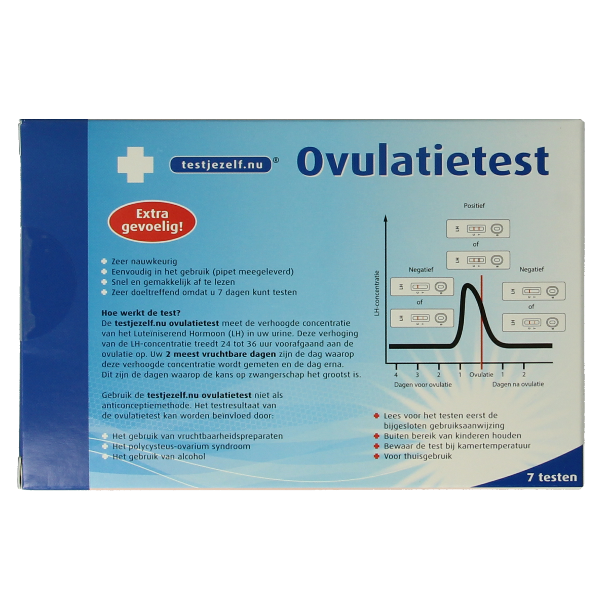 Testjezelf.nu ovulation test cassette pack with 7 self-testing kits for detecting ovulation in women.