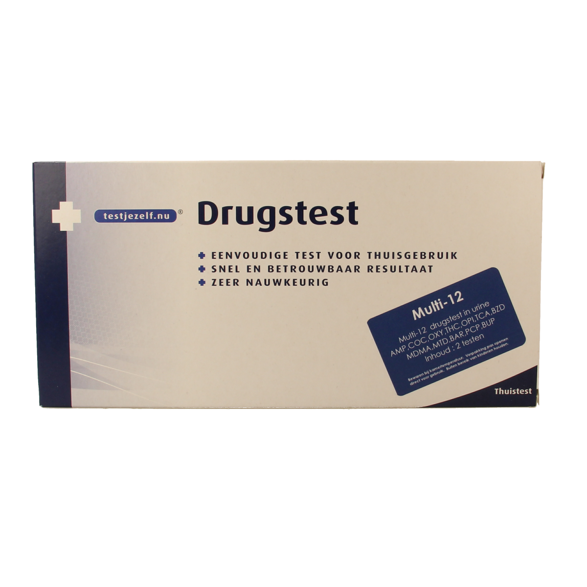 Testjezelf.nu multidrug urine test kit with 12 self-testing strips for drug detection, shown in the image.