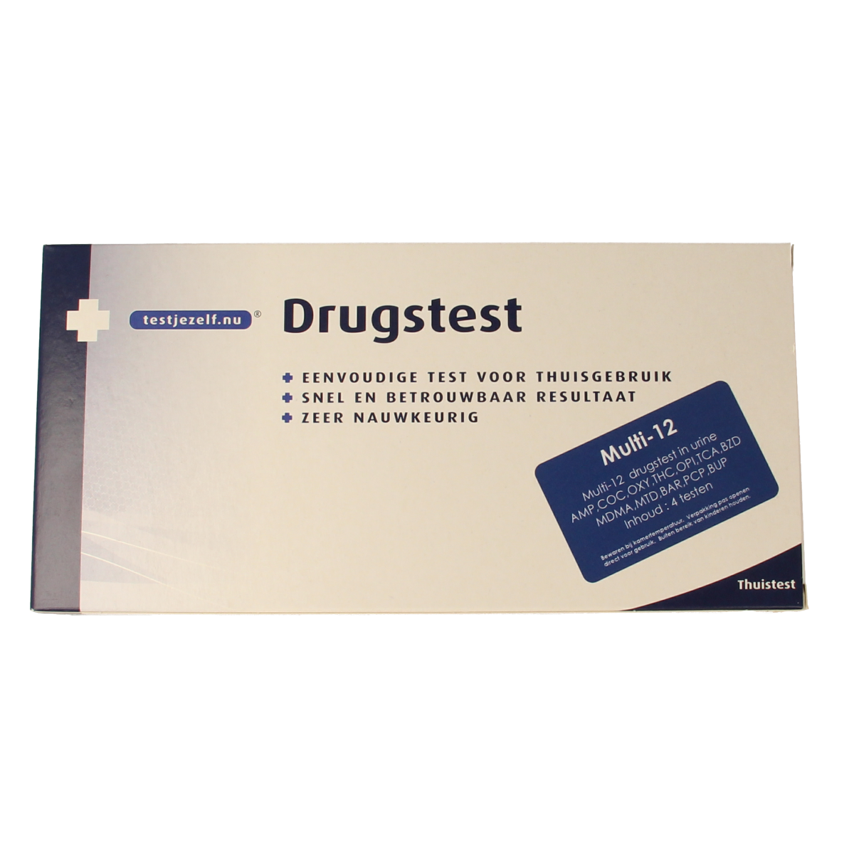 Testjezelf.nu Multidrugtest 12 urine self-test kits, showing packaging and test strips for drug detection in urine.