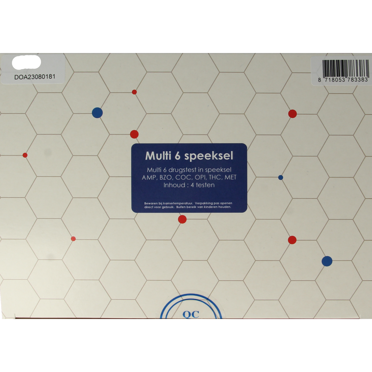 Testjezelf.nu multidrugtest kit with 6 saliva test strips, showing individual test cassette and packaging.