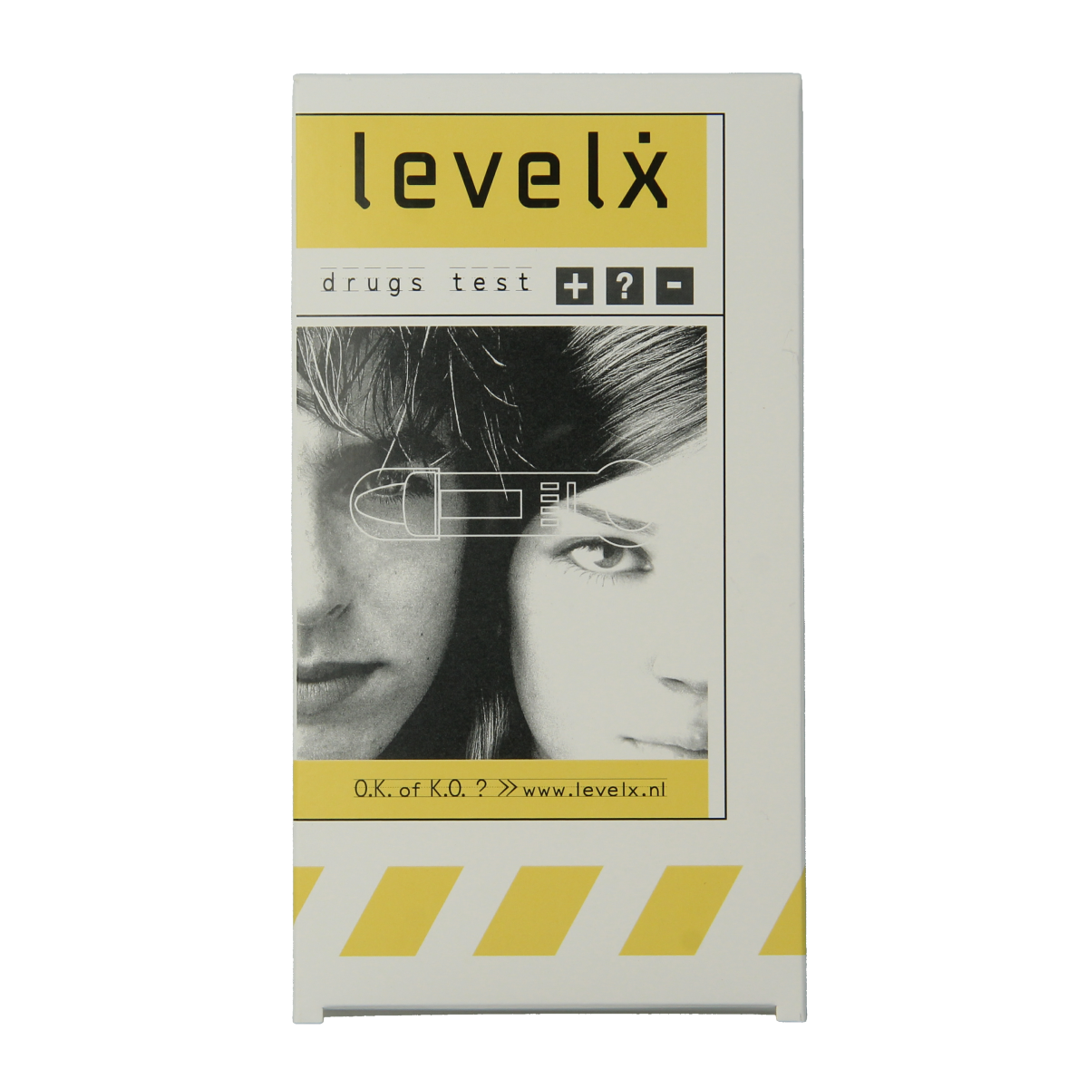 Testjezelf.nu saliva drug test level 1.00, self-testing kit for drug detection, showing the test device with results.