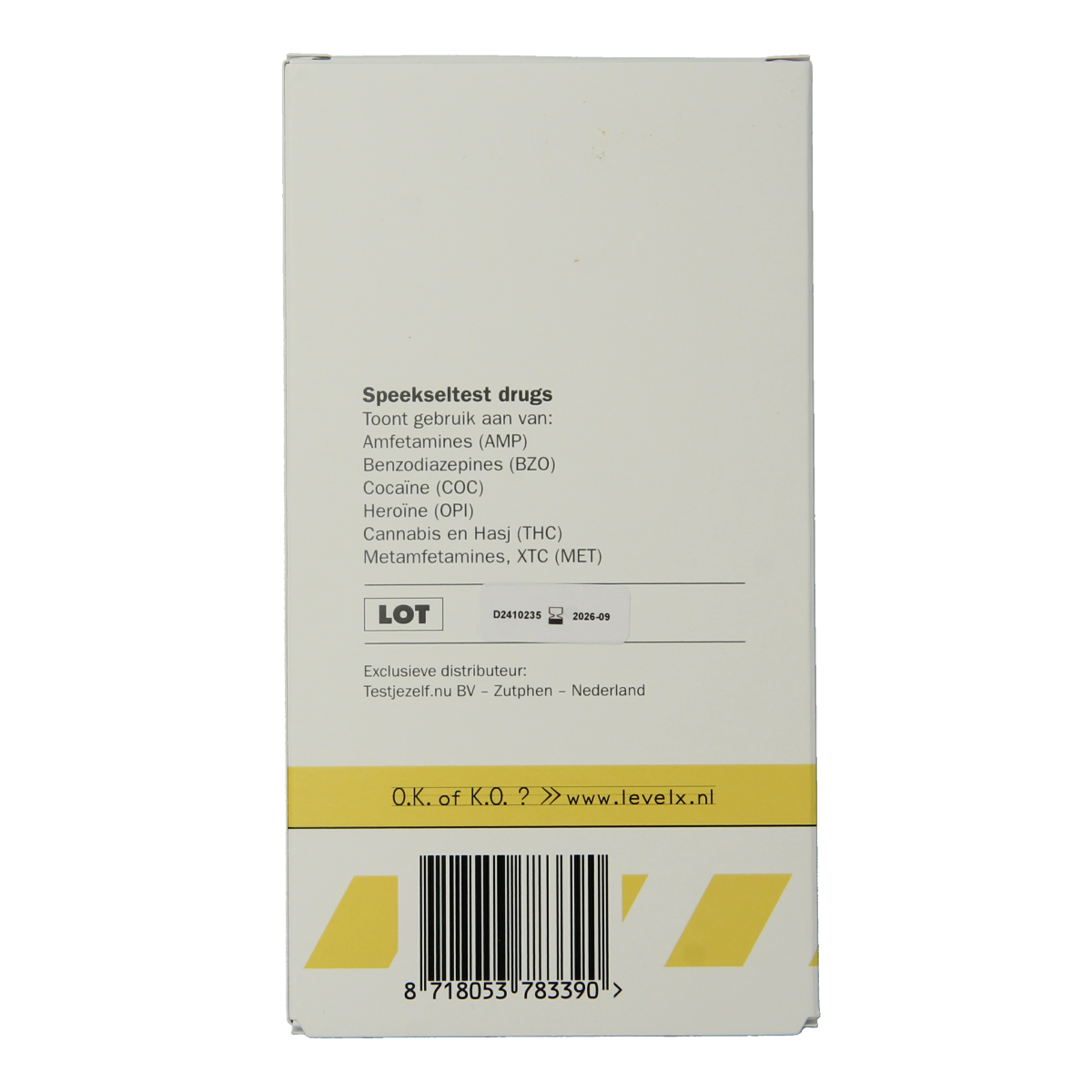 Testjezelf.nu saliva drug test level 1.00 in a white plastic kit, used for quick at-home drug screening purposes