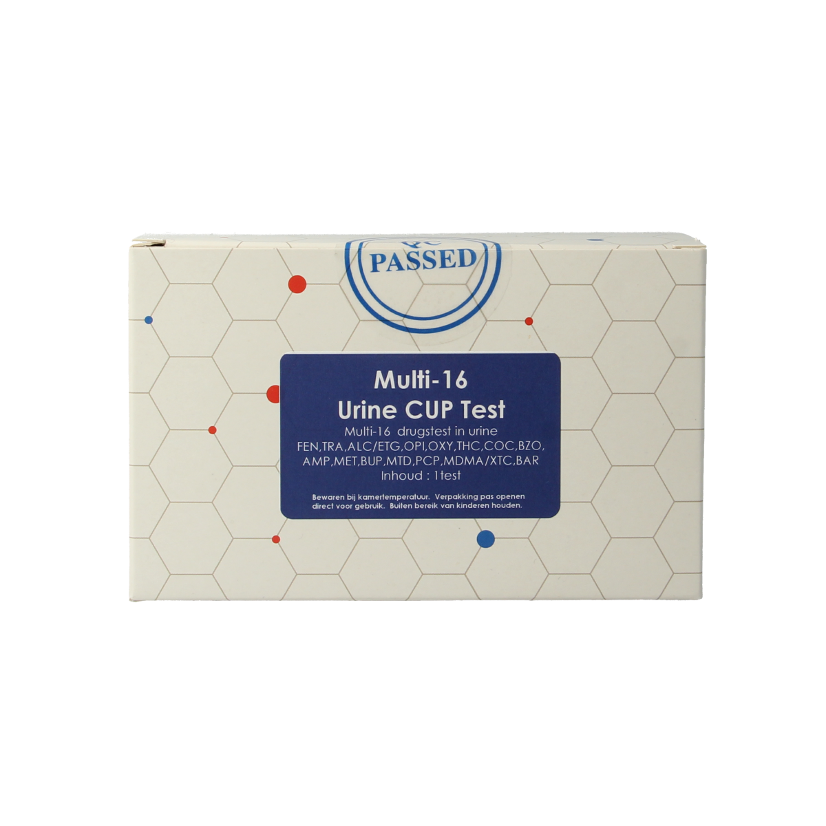 Testjezelf.nu Multi 16 drugstest cup for urine screening, 1-piece self-test kit with labeled testing cup.