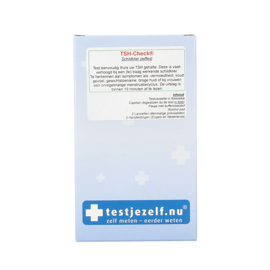 Testjezelf.nu Schildklier bloed zelftest kit with one test strip for thyroid health self-examination.