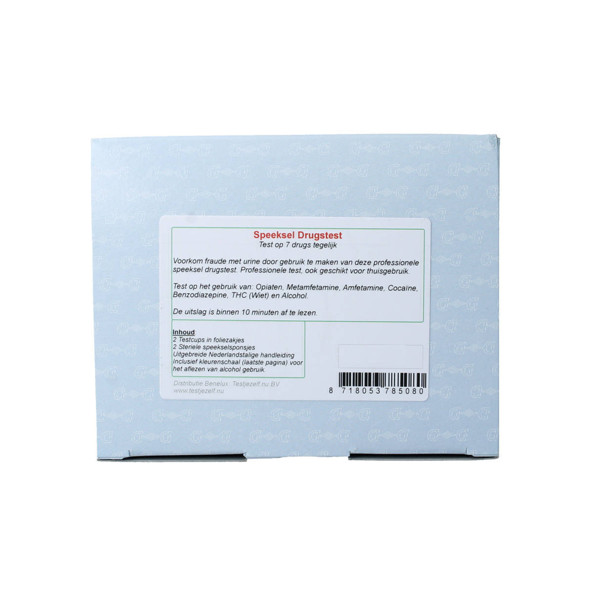 Testjezelf.nu speeksel drugstest 7-pack for drug detection, showing sealed test kits with blue and white packaging.