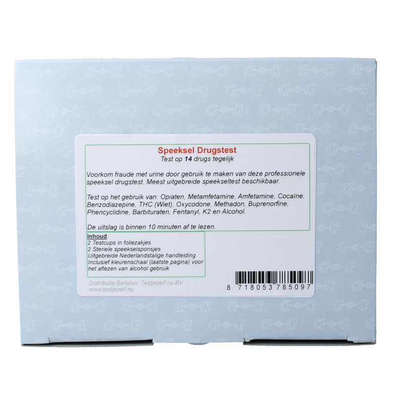Testjezelf.nu Speeksel drugstest 14 and 2 testsets for self-testing, featuring saliva collection kits with clear testing windows.