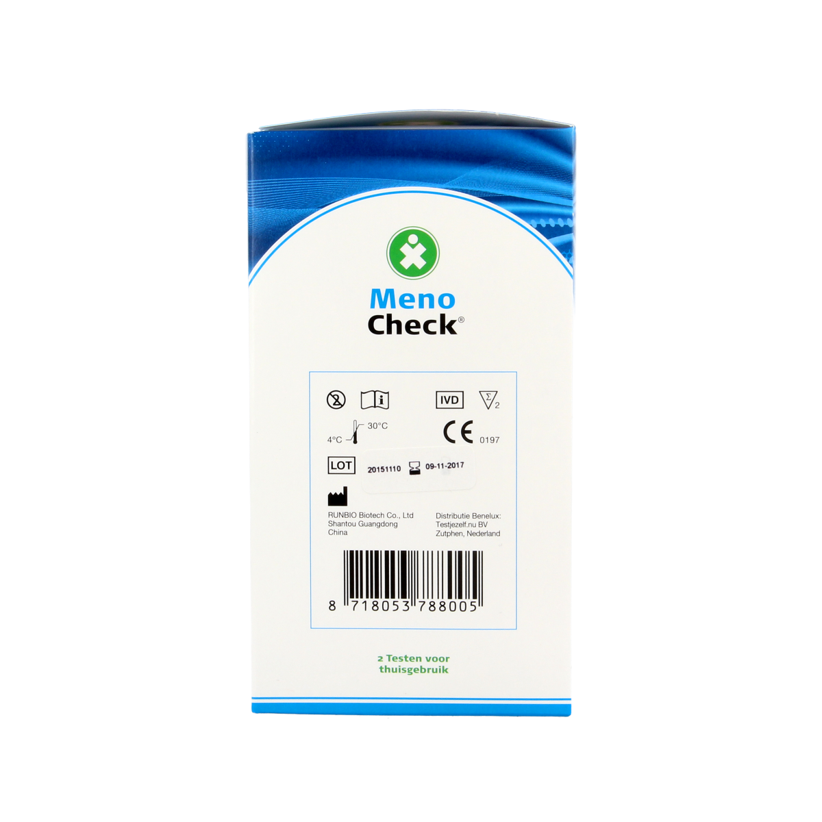 Testjezelf.nu Meno-check menopauze test set with two self-test kits for menopause detection, shown in the image.