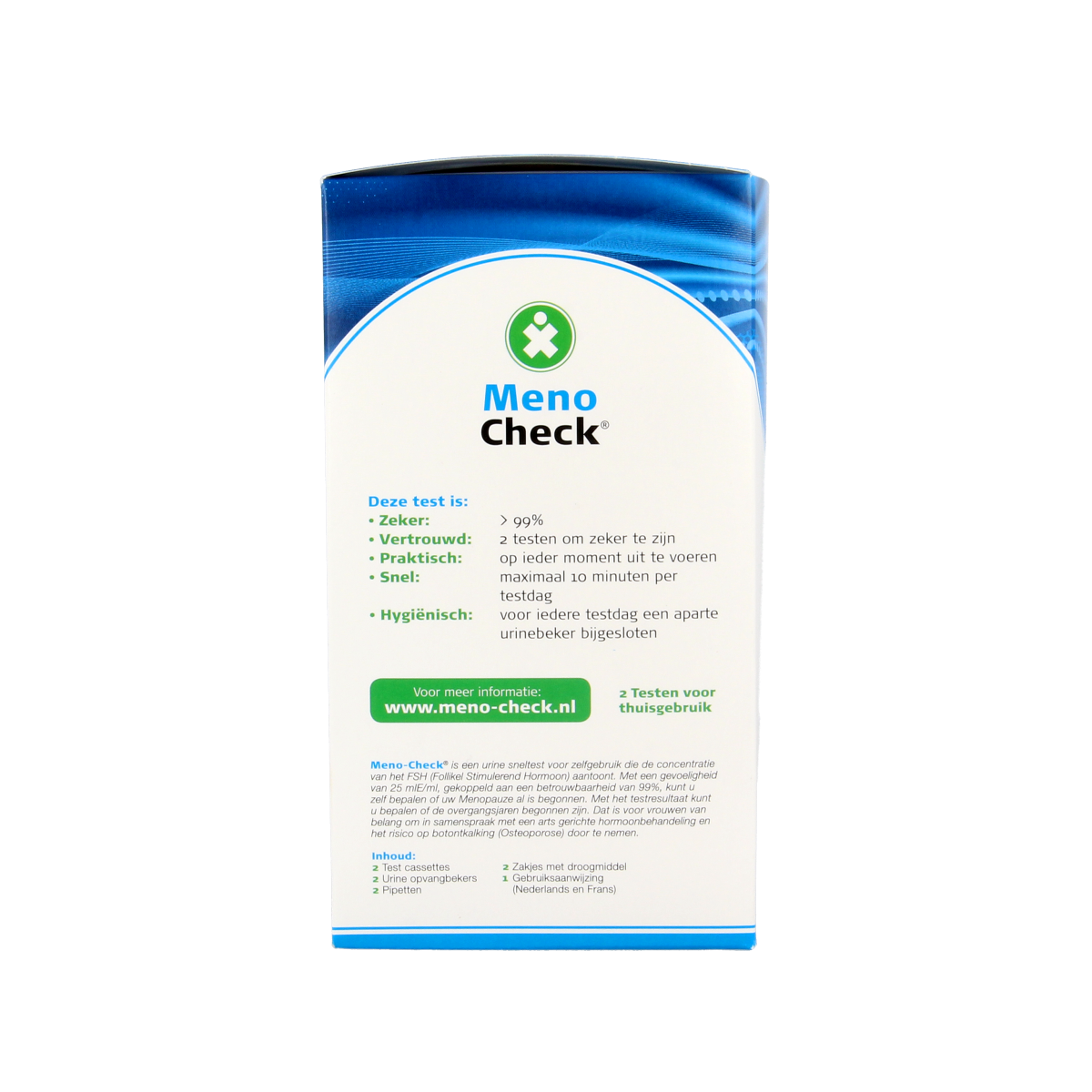 Testjezelf.nu Meno-check menopauze test set with 2 self-test kits for menopause detection, shown in the image.