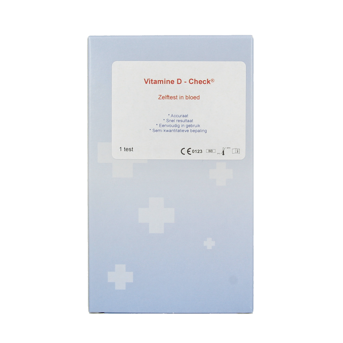Testjezelf.nu Vitamine D testset, self-testing kit for vitamin D levels, shown with packaging and testing components.