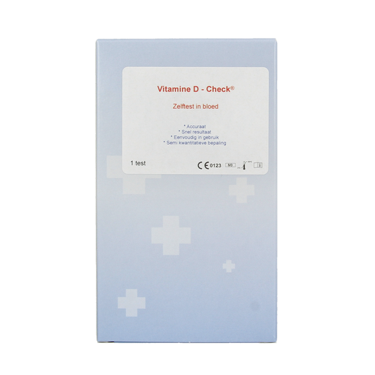 Testjezelf.nu Vitamine D testset, self-testing kit for vitamin D levels, shown with packaging and testing components.