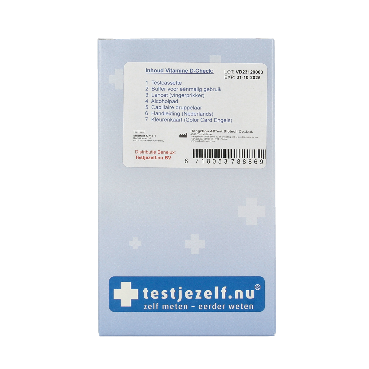 Testjezelf.nu Vitamine D testkit for self-testing, showing the box and testing components for at-home vitamin D level check.