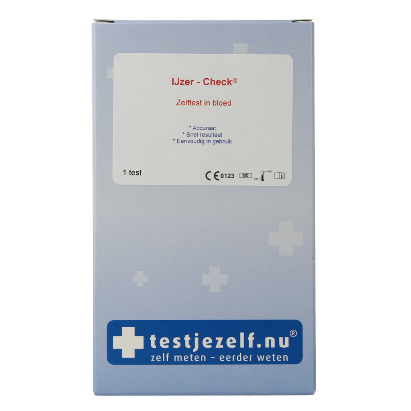 Testjezelf.nu IJzer check zelftest kit showing a small box and testing device for iron deficiency detection.