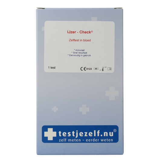 Testjezelf.nu IJzer check zelftest kit showing a small box and testing device for iron deficiency detection.
