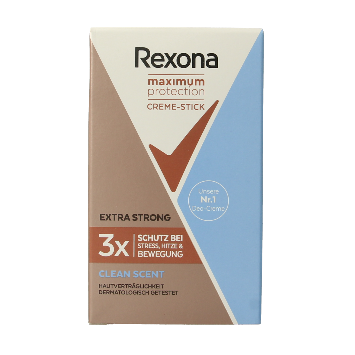 Rexona women's deodorant stick with max protection and clean scent, 45ml, shown in a white and blue packaging.