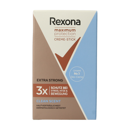 Rexona women's deodorant stick with max protection and clean scent, 45ml, shown in a white and blue packaging.