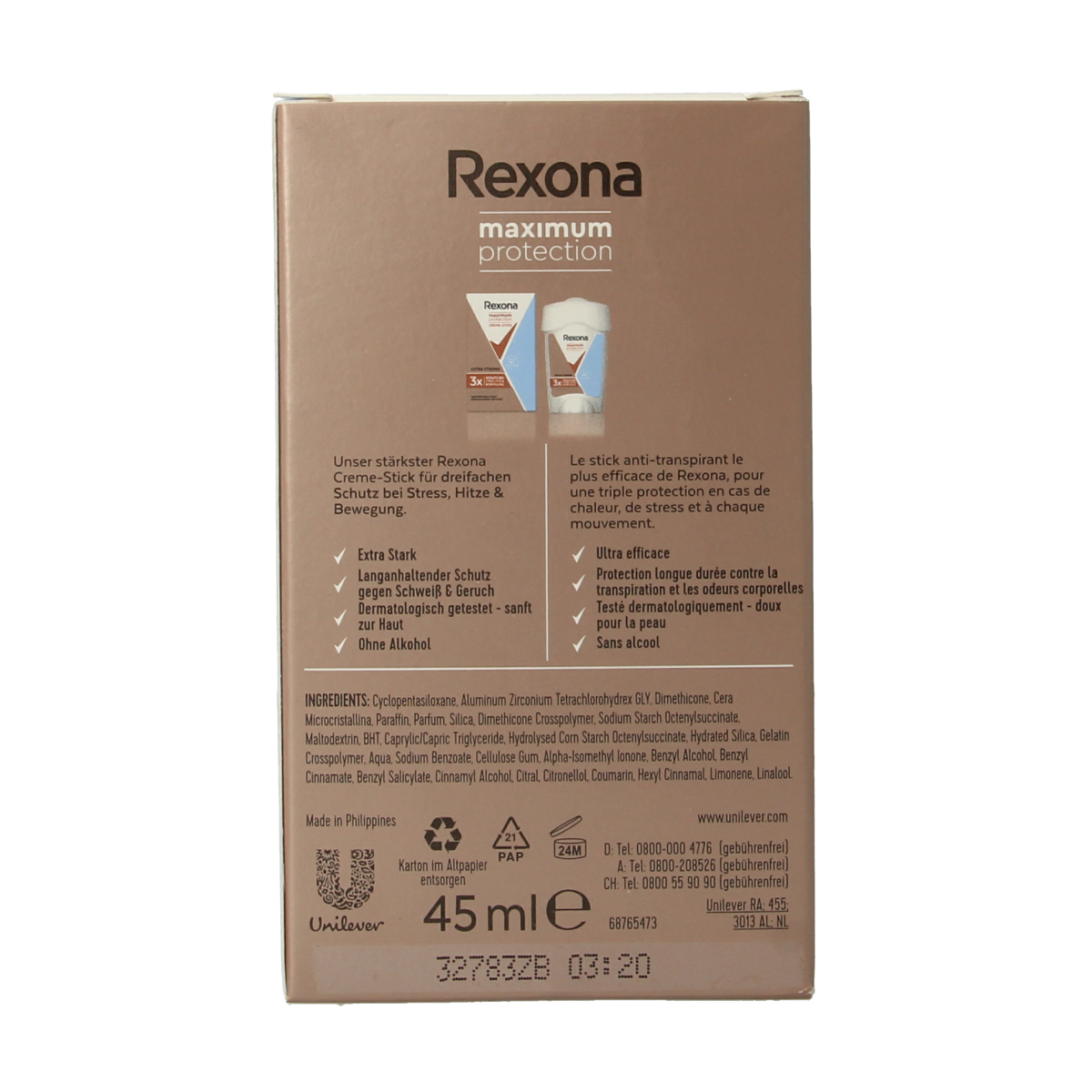 Rexona women’s max protection deodorant stick with clean scent, 45ml, in a white and blue container.