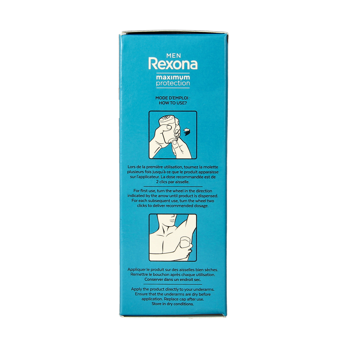 Rexona Men Max Protect deodorant stick with clean scent, 45ml, showing the deodorant container with branding and product label.