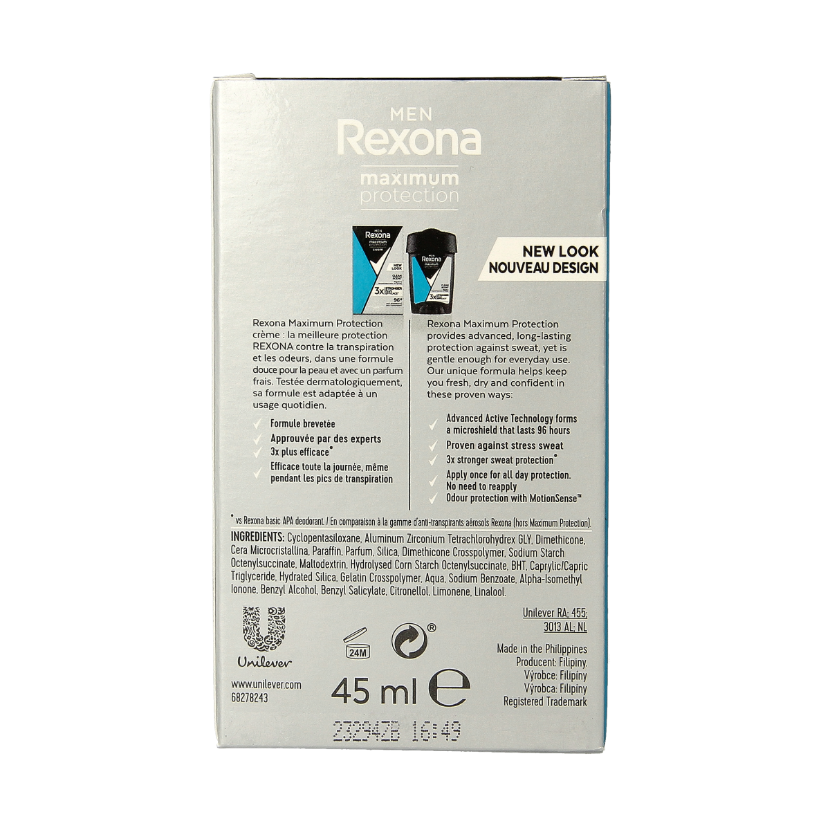 Rexona Men Max Protect deodorant stick with clean scent, 45ml, in a sleek silver container, designed for long-lasting freshness