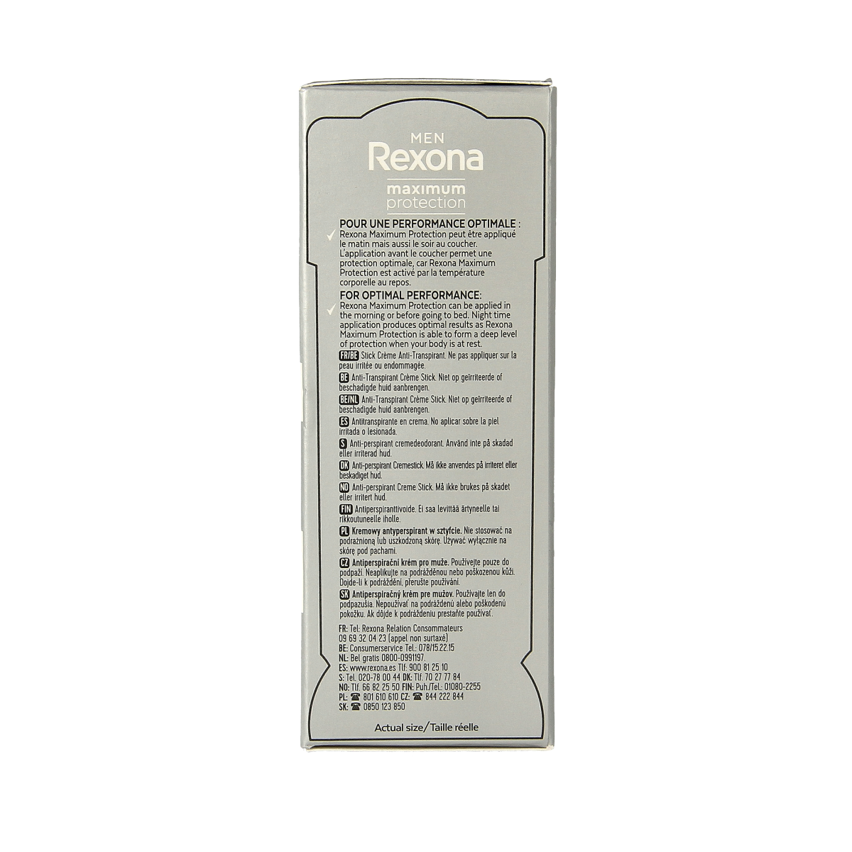 Rexona Men Max Protect deodorant stick with clean scent, 45ml, featuring a sleek white and blue packaging design.