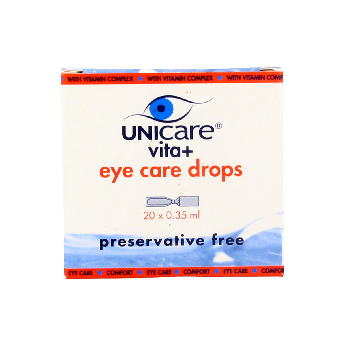 Unicare Vita+ eye care eye drops in 0.35ml ampullen, designed for eye hydration and eye care treatment.
