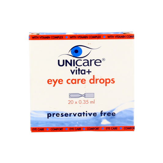 Unicare Vita+ eye care eye drops in 0.35ml ampullen, designed for eye hydration and eye care treatment.