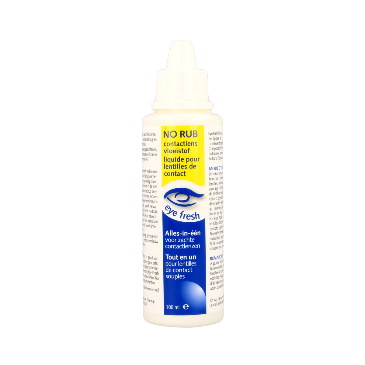Eyefresh No Rub Alles-in-One contact lens solution in 100ml bottle, gentle optiek lens cleaner and disinfectant