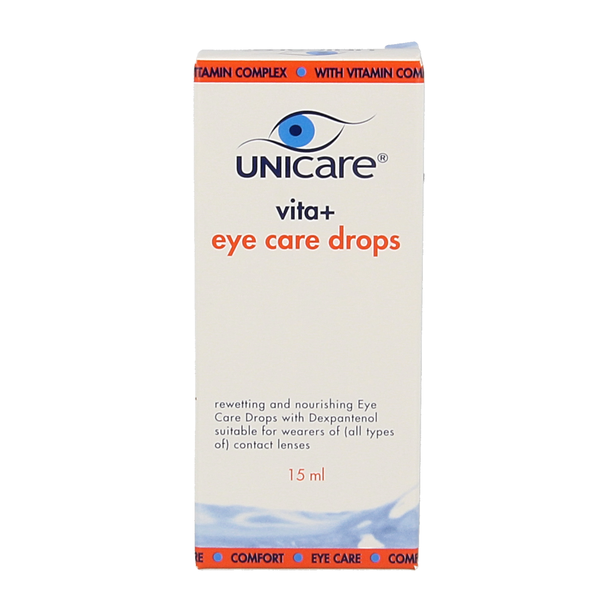 Unicare Vita+ eye care eye drops in a 15ml bottle, designed for eye moisturization and relief, with a clear dropper tip visible.