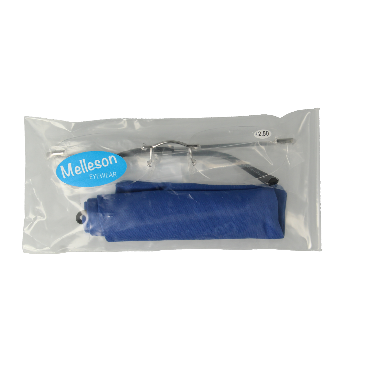 IBD universal rimless reading glasses with +2.50 diopter lens, showing clear lens and sleek frame design.