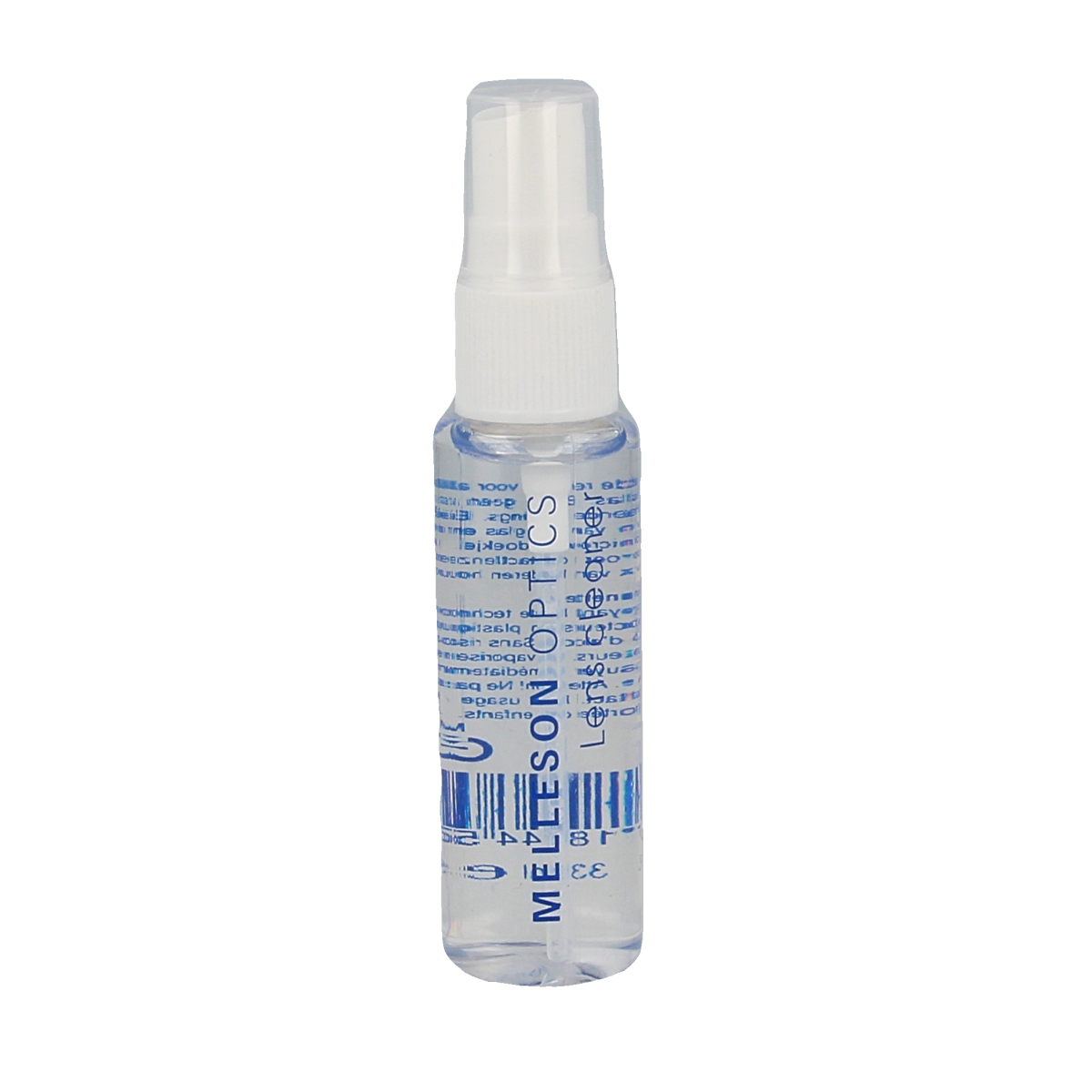 Melleson Optics Brilspray 33ml bottle for cleaning glasses, with a sleek design and clear label on the transparent spray container.