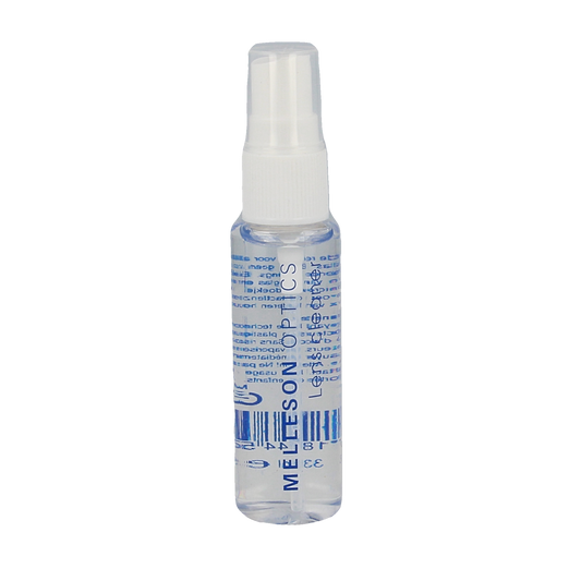 Melleson Optics Brilspray 33ml bottle for cleaning glasses, with a sleek design and clear label on the transparent spray container.
