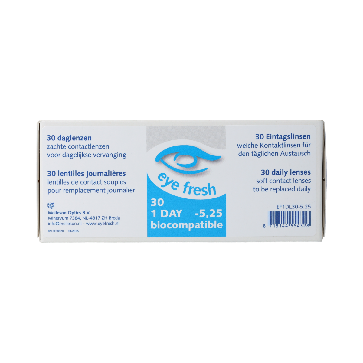 Eyefresh Daglenzen -5.25 contact lenses in a box of 30, soft optiek lenses for vision correction, displayed in packaging.
