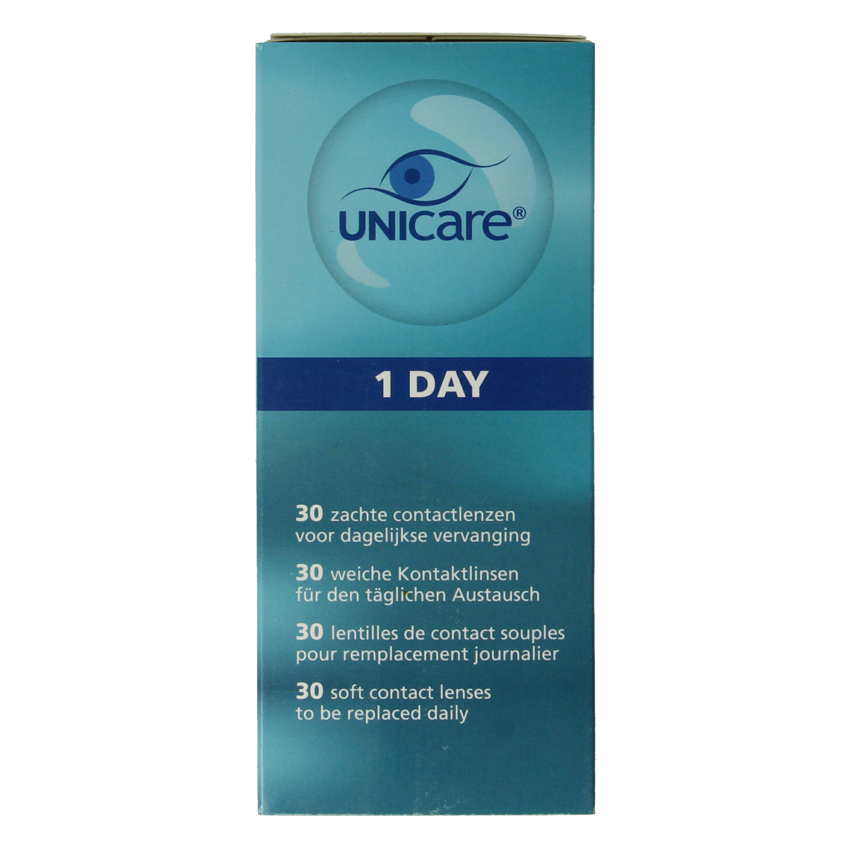 Unicare Daglenzen -5.75 contact lenses displayed in a box, with 30 pairs for eye correction, from Unicare Optiek.