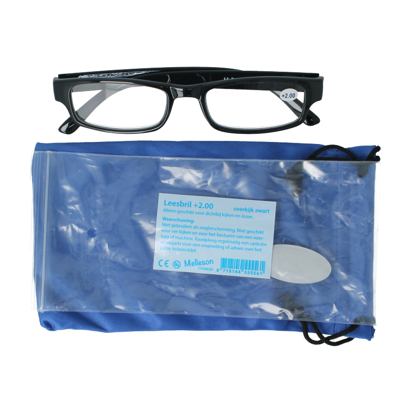 Melleson black overkijk reading glasses +2.00 diopters, optical eyewear with clear lenses, designed for improved near vision.