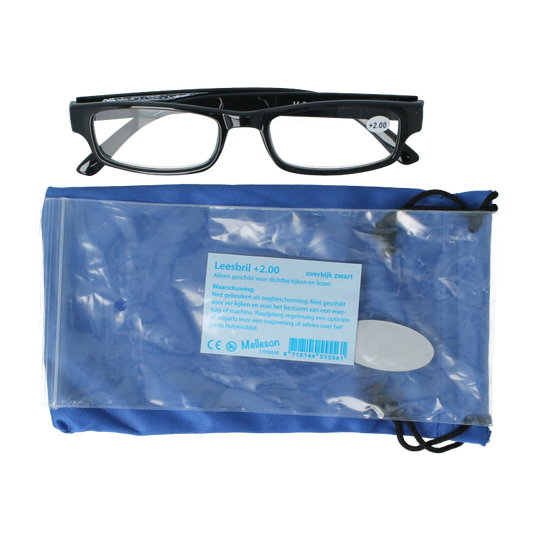 Melleson black overkijk reading glasses +2.00 diopters, optical eyewear with clear lenses, designed for improved near vision.