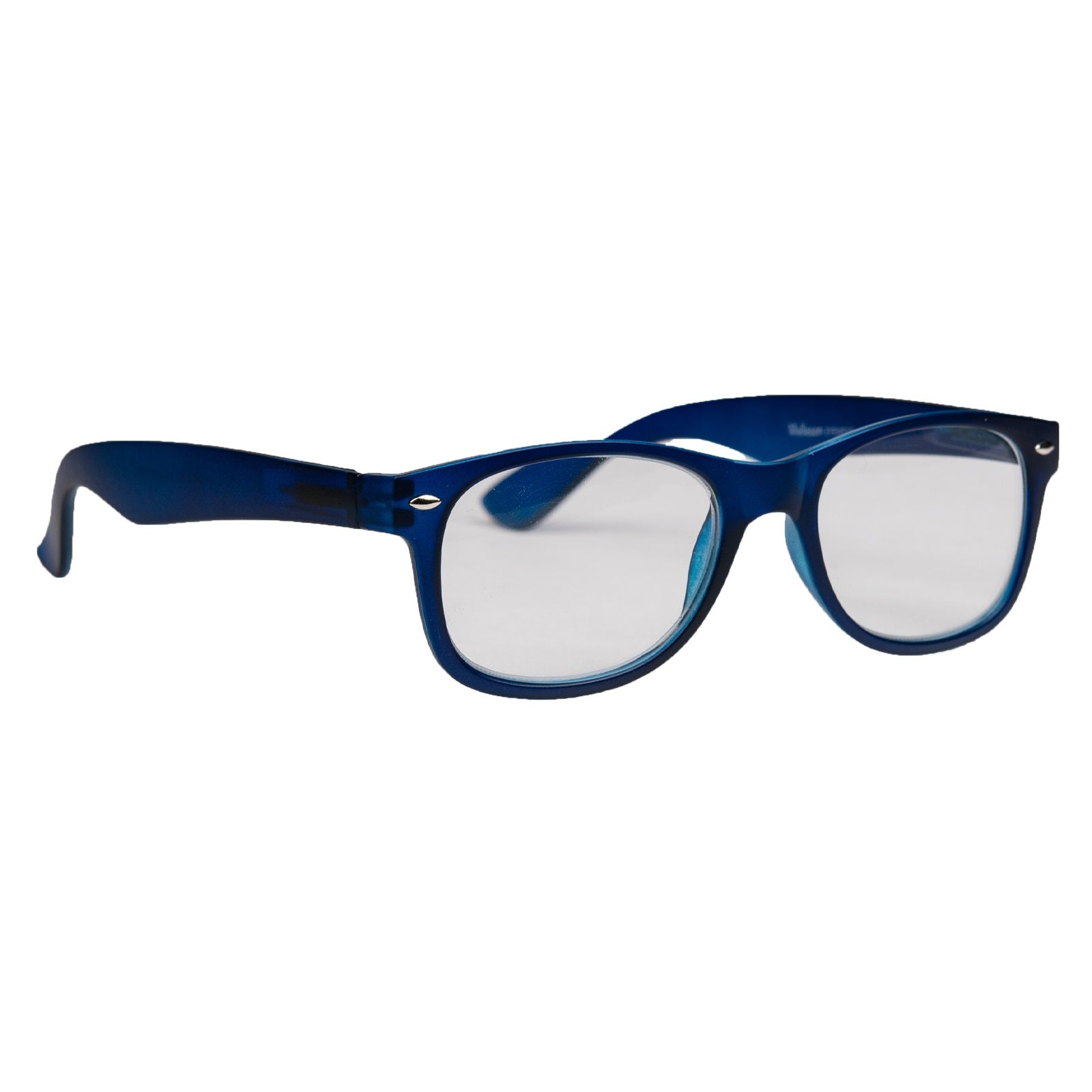 Melleson wayfarer reading glasses in matte blue with +1.00 diopter, shown from the front with clear lenses.