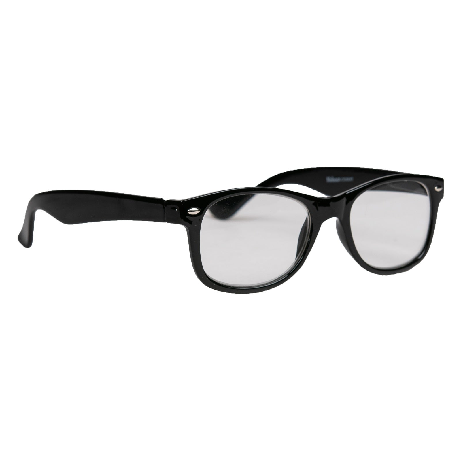 Melleson wayfarer style reading glasses with black glossy frame and +1.50 diopter, close-up view of the optical product.
