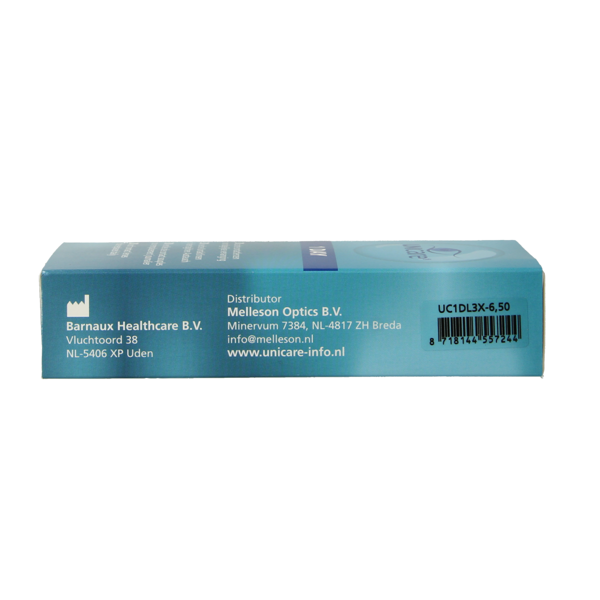 Unicare Daglenzen -6.50 contact lenses in a box, 30 pairs, optiek brand, close-up of packaging and lenses.