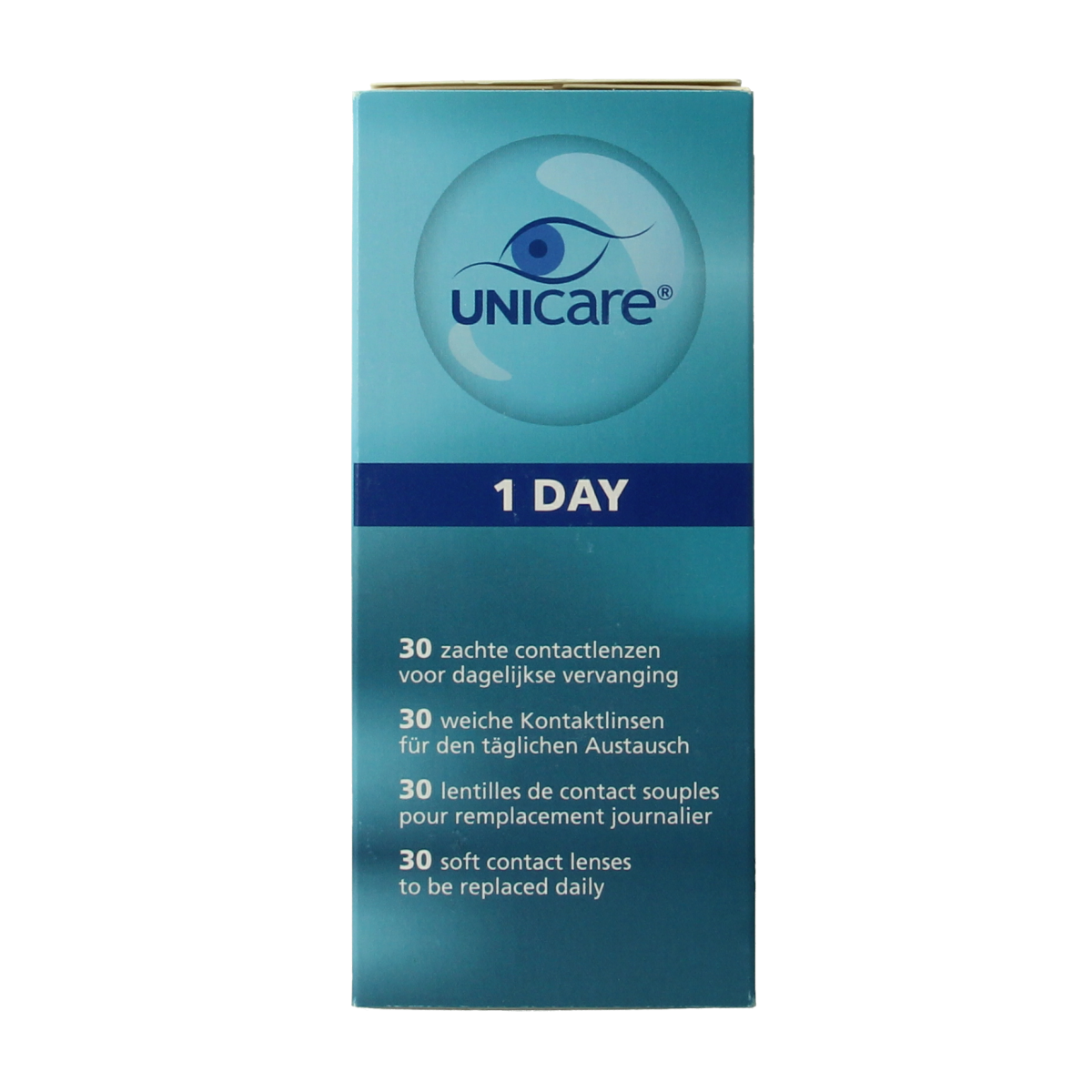 Unicare Daglenzen -8.00 diopter contact lenses, 30-pack, optiek brand, clear lenses for vision correction, shown in packaging.