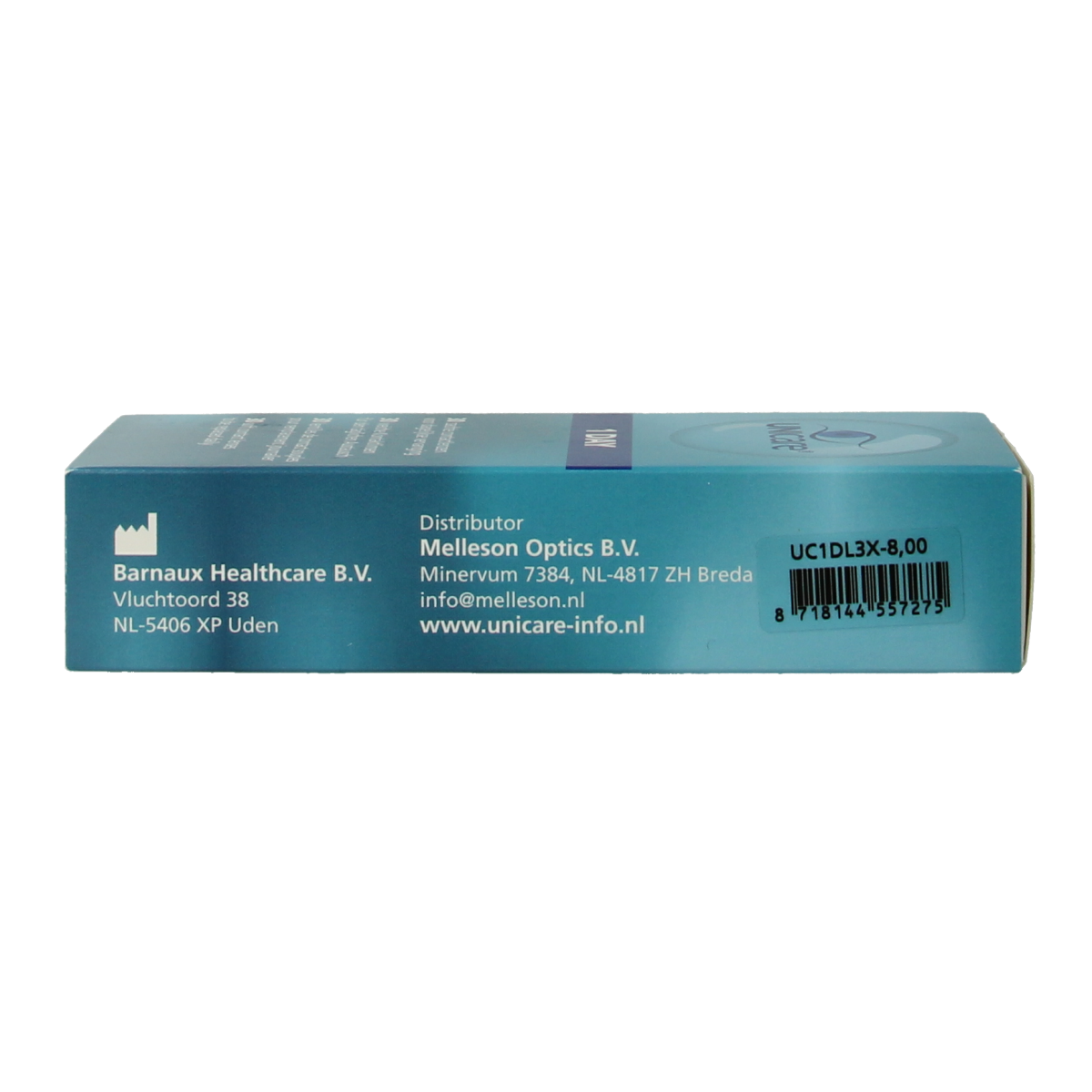 Unicare Daglenzen -8.00 diopter contact lenses, 30-pack, optiek brand, clear lenses for vision correction, shown in packaging.