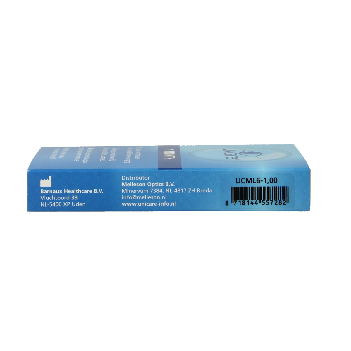 Unicare contact lenses -1.00 diopter, pack of 6, optiek brand, clear lenses for vision correction.
