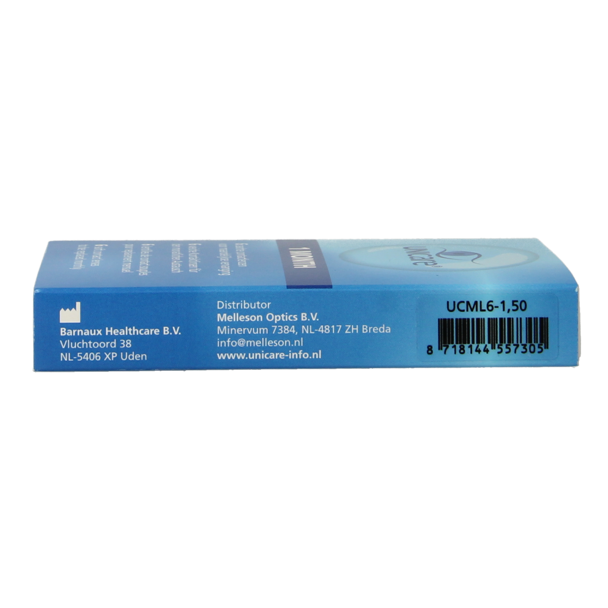 Unicare contact lenses -1.50 diopters, 6-pack, optiek brand, clear lenses for vision correction.