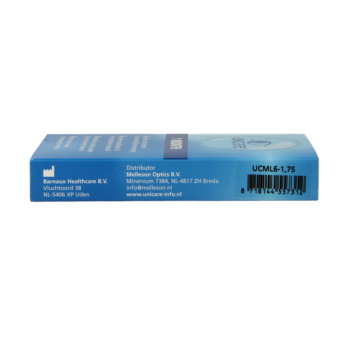 Unicare contact lenses in -1.75 strength, 6 pack, shown in clear case, for vision correction, by Unicare.