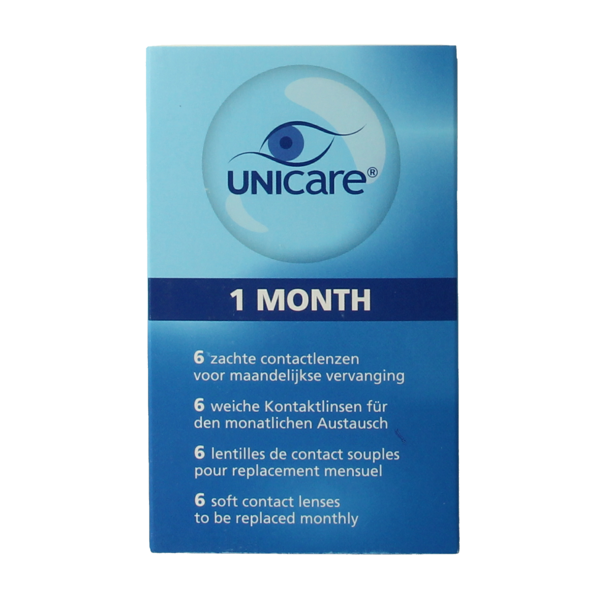 Unicare contact lenses -2.00 diopters, 6-pack, optiek brand, clear lenses in blister pack.