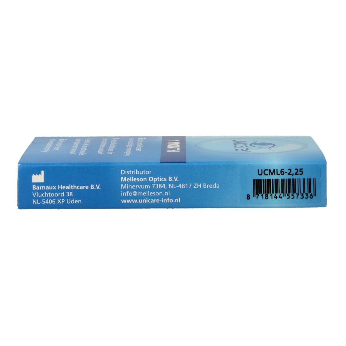 Unicare contact lenses -2.25 diopters, 6-pack, optiek brand, clear lens images showing packaging and lens details.