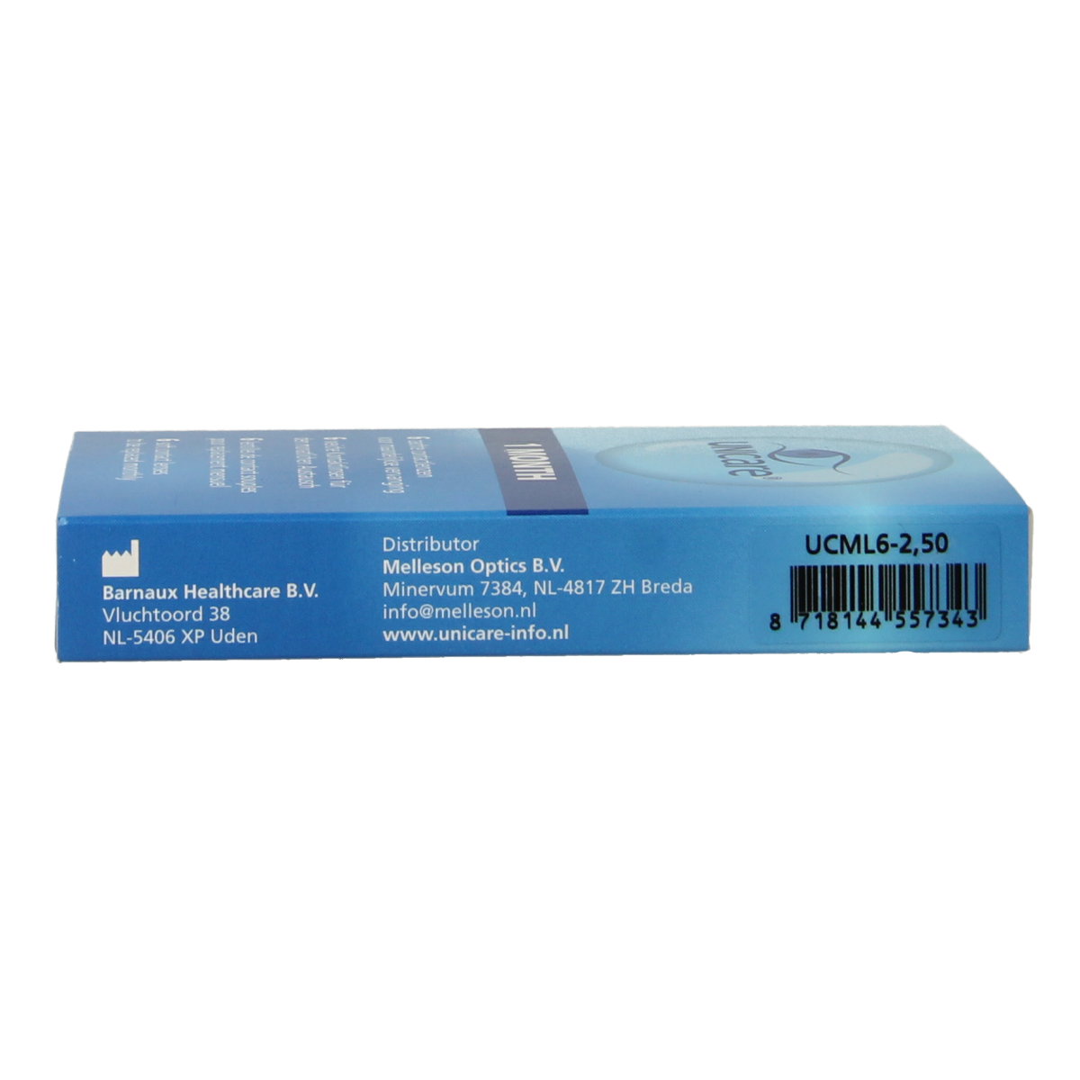 Unicare contact lenses -2.50 diopters, 6-pack, optiek brand, clear lenses visible in blister pack.