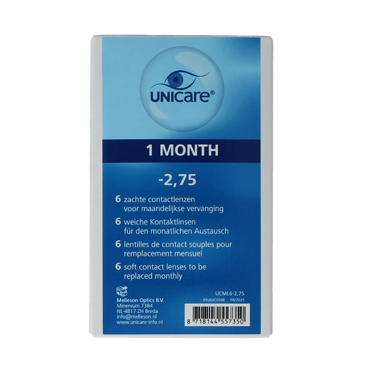 Unicare contact lenses -2.75 diopters, 6-pack, clear daily contact lenses for vision correction, optical product by Unicare