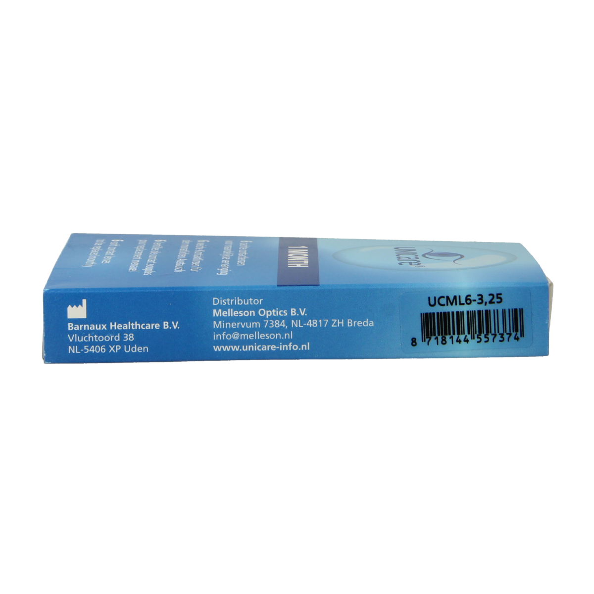 Unicare contact lenses -3.25 diopters, 6-pack, shown in a clear container, for vision correction and eye comfort.